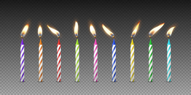 illustrazioni stock, clip art, cartoni animati e icone di tendenza di vettore 3d realistico paraffina o cera che brucia la candela della festa di compleanno e fiamma diversa di un set di icone di candela isolato. modello di design, clipart, concetto di compleanno - candle tea light candlelight flame