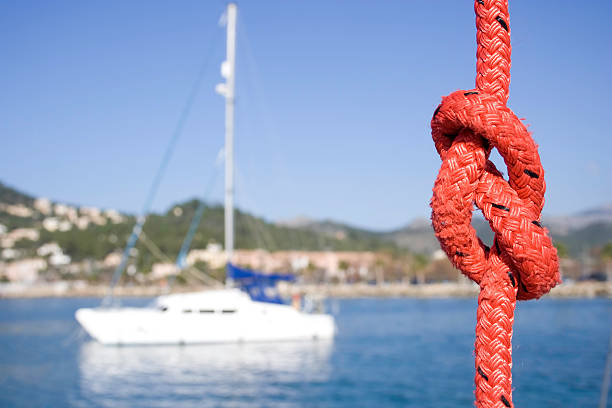 The figure of 8 knot with a boat in the background.