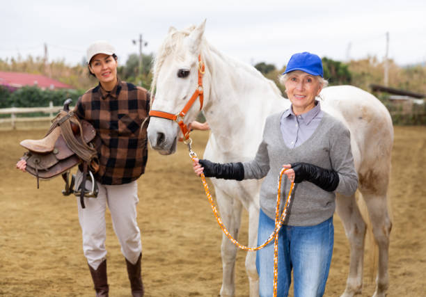 istock Women ranchers preparing white horse for ride 1451568419