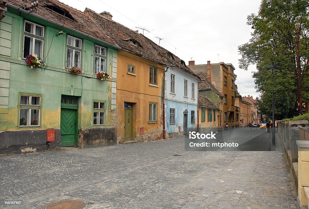 lonely street a lonely street with old houses in Sibiu, Romania Ancient Stock Photo