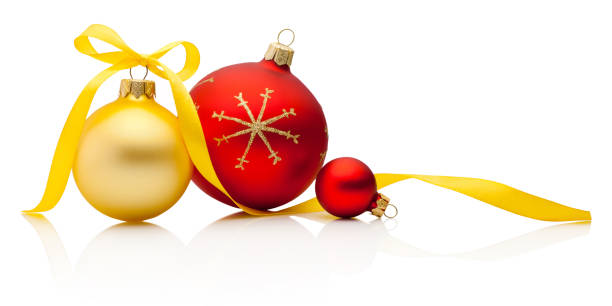 istock Three Christmas decoration baubles with ribbon bow isolated on white background 1451573078