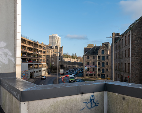 20 December 2022. Aberdeen,Aberdeen City,Scotland. This is the view along Virginia Street from Shiprow, showinh Shiprow Car Park and in far distance Marischal Court. The graffiti spoils the view.