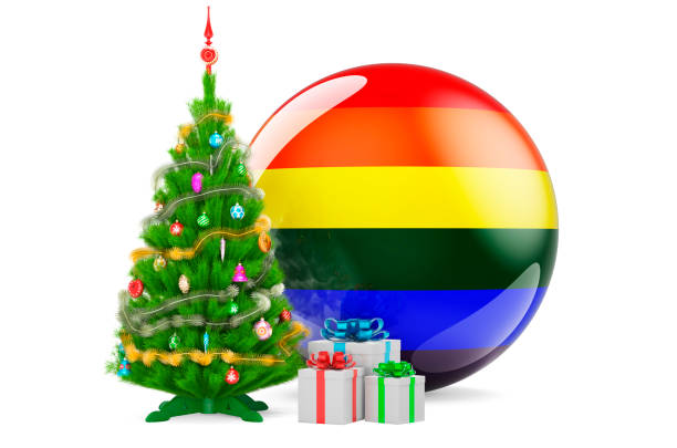 Christmas tree and gift boxes with LGBTQ rainbow flag, 3D rendering isolated on white background