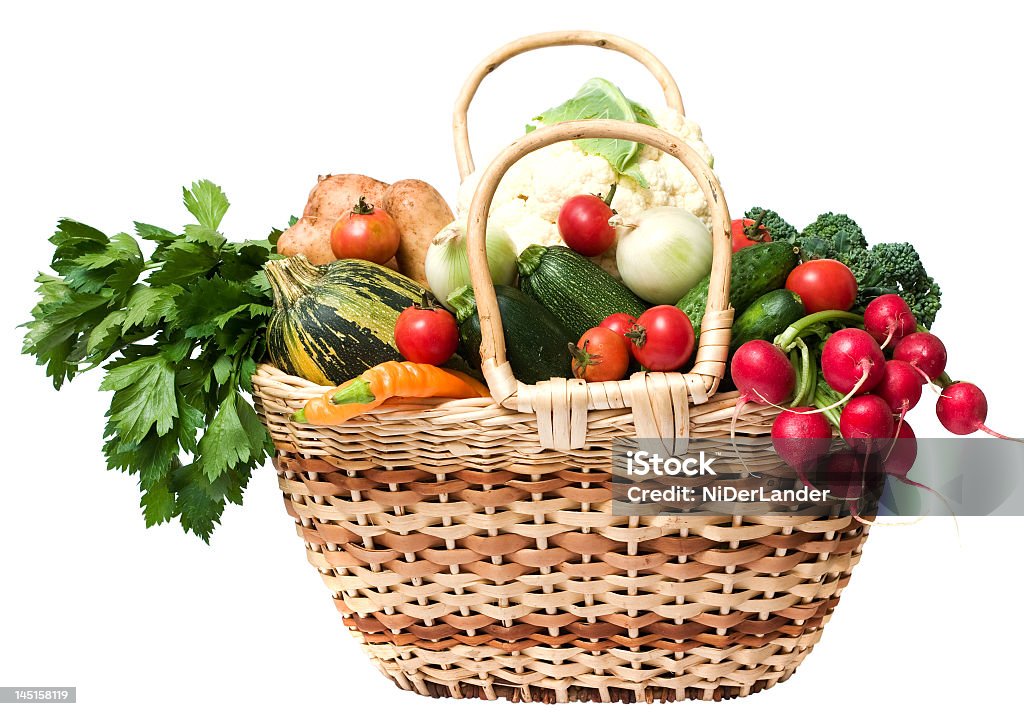 Basket full of fresh vegetables and fruits spring  fresh and ripe vegetables in the basket on white background Abundance Stock Photo