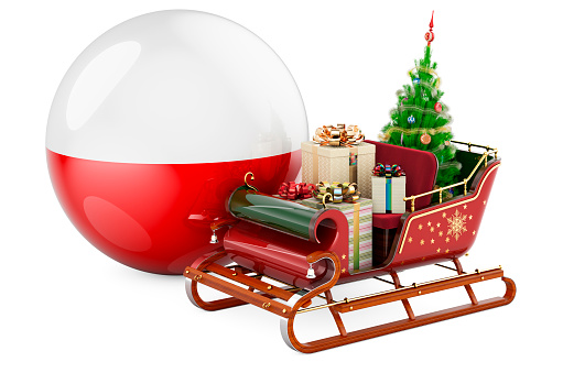 Christmas in Poland, concept. Christmas Santa sleigh full of gifts with Polish flag. 3D rendering isolated on white background