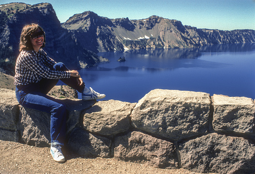 Crater Lake National Park - Woman Visitor at Overlook - 1983. Scanned from Kodachrome 64 slide.