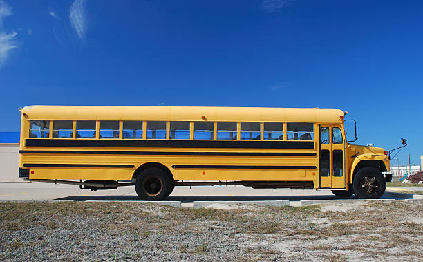 istock Yellow school bus parked on a beach with blue sky 145158395