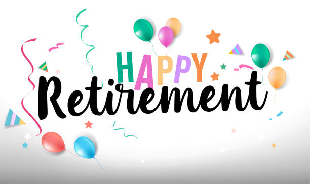 happy retirement schriftkarte, banner. - ruhestand stock-grafiken, -clipart, -cartoons und -symbole