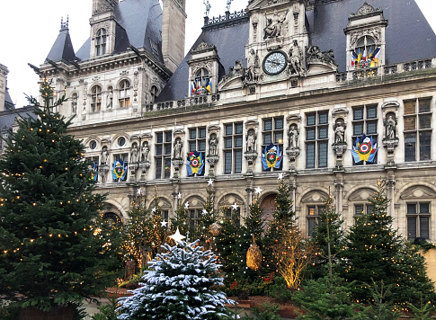 Paris : the enchanted village and small Christmas market on the square of the city hall. Paris in France