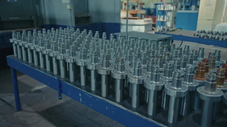 Finished metal products are on the shelves of the factory. Aviation products.