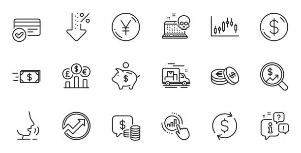 ilustrações, clipart, desenhos animados e ícones de esboço do conjunto de ícones de linha de métodos de pagamento, moedas e poupança para aplicação web. para design. vetor - moeda japonesa todas moedas asiaticas