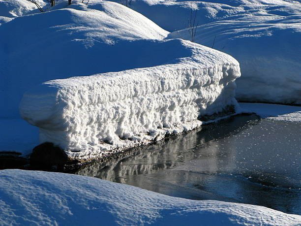 Large fluffy snow mounds appear along a stream following a heavy winter snowfall.  This vertical composition is nearly all white except for two small sections of brown stream water appearing at the far left.  This winter scene is tightly cropped, foreground mounds focused, with the focus dropping off as they diminish into the background at the top of frame.