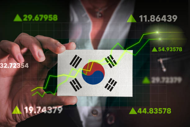 Graph growing up in Front Of South Korea Flag. stock photo