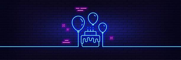 Cake line icon. Birthday events sign. Neon light glow effect. Vector Neon light glow effect. Cake line icon. Birthday events sign. Party celebration symbol. 3d line neon glow icon. Brick wall banner. Cake outline. Vector background tile flash stock illustrations