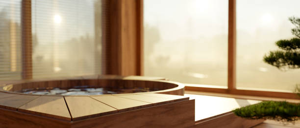 espacio de copia en baño onsen de madera en la hermosa sala de spa interior onsen. concepto de spa onsen. - baños térmicos fotografías e imágenes de stock