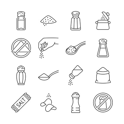 Salt line icon set. Vector collection with salt heap, shaker, salting hand, chips, food without sodium. Editable stroke.
