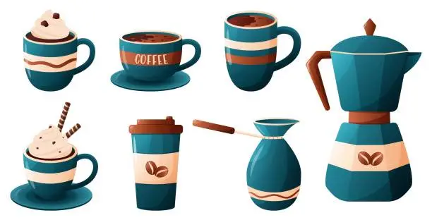 Vector illustration of Coffee collection, different coffee elements. Cute cartoon icons. Vector illustration