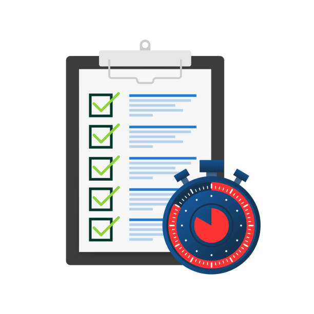 istock Quick survey. Badge icon. Check list and stopwatch. Exam application. Quick survey sign. 1451614176