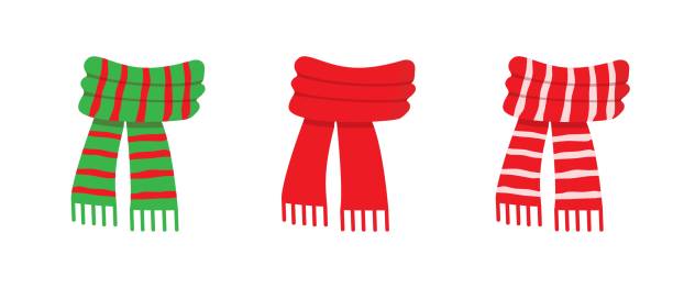 stockillustraties, clipart, cartoons en iconen met vector winter collection of red scarf, isolated on white background. illustration of red, green white striped scarves. christmas or holiday set of icons - hoofddoek