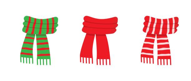 wektorowa zimowa kolekcja czerwonego szalika, izolowana na białym tle. ilustracja czerwonych, zielonych, białych pasiastych szalików. świąteczny lub świąteczny zestaw ikon - scarf stock illustrations