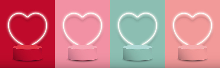 Podium for product display. Set of pastel 3d stage pedestal red, pink, green, and peach decorated with heart shape neon lighting. Minimal style. Valentine's Day background. Cute. Vector illustration.