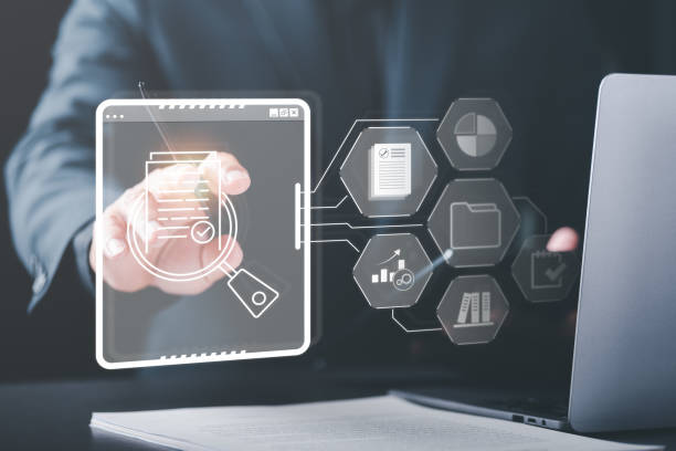 istock Businessman Audit documents, quality assessment management With a checklist, business document evaluation process, market data report analysis and consulting, plan review process 1451629202