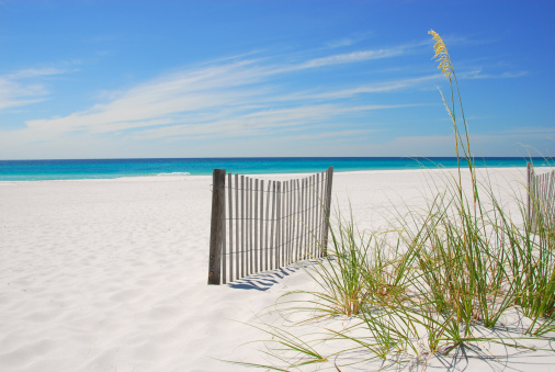 Gorgeous white sandy beach and sand dune fence overlooking beautiful ocean under pretty sky