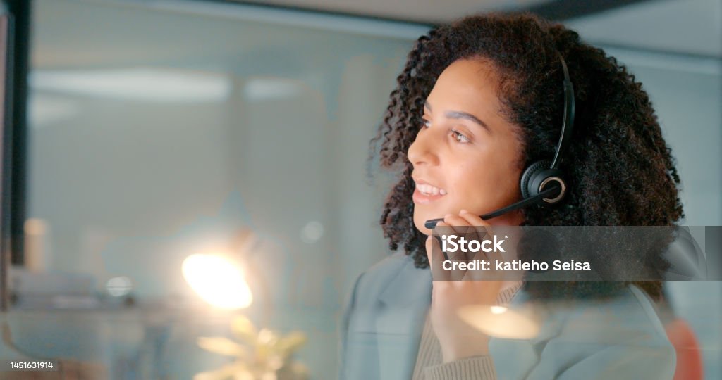 Crm customer support, black woman and web employee on office call consultation for sales. Happy internet support and call center worker working on telemarketing, digital consulting and digital help One Person Stock Photo