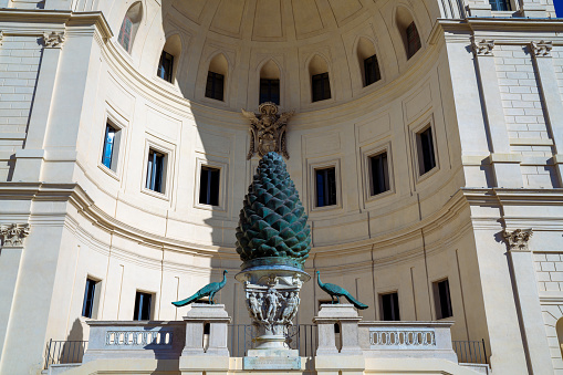Vatican City - October 3 2022: Large Pine Cone Sculpture in a Courtyard of the Vatican City in Italy