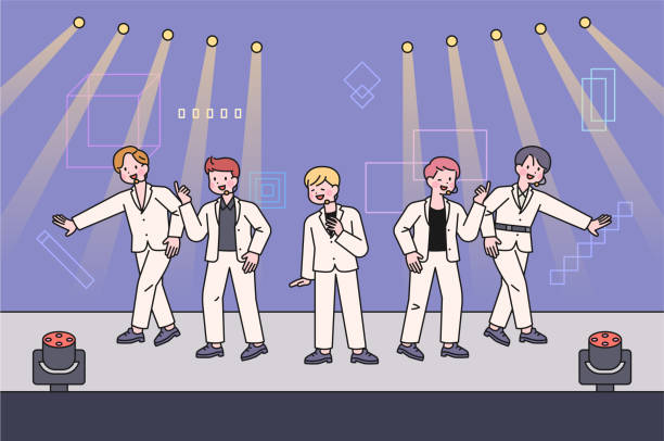 Korean culture A boy group idol is performing on a fancy stage. They are dancing and singing on stage. korea singer stock illustrations