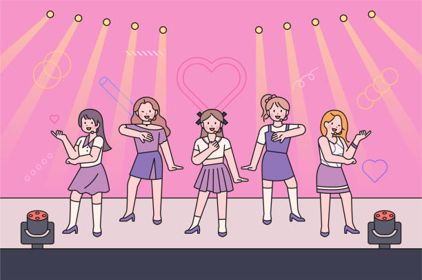 Korean culture A girl group idol is performing on a fancy stage. They are dancing and singing on stage. korea singer stock illustrations