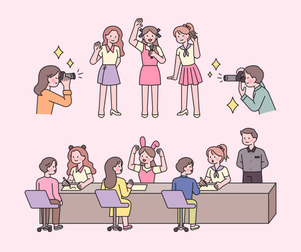 Korean culture A girl idol is holding a fan meeting event. Fans take pictures of idols. They are having a conversation at the table. korea singer stock illustrations