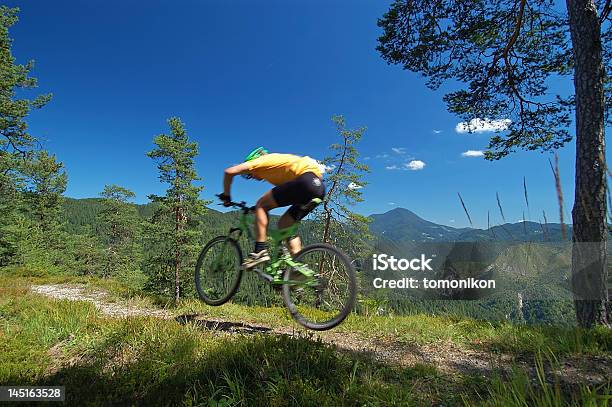 Mountainbikers Salto - Fotografias de stock e mais imagens de Andar de Bicicleta de Montanha - Andar de Bicicleta de Montanha, Mata, Ao Ar Livre