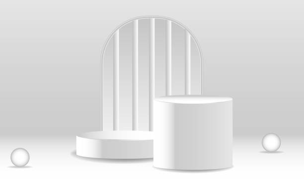 istock pedestal podium mockup. Abstract white 3D vector room with realistic white cylinder pedestal podium set. Minimal scene for product display presentation. Vector geometric platform. Stage for showcase. 1451639386