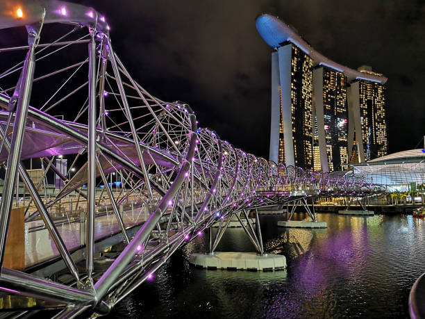 The Helix Bridge, a pedestrian bridge linking Marina Centre with Marina South in the Marina Bay area in Singapore. In the distance, the Marina Bay Sands.