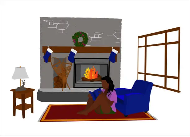 Vector illustration of Cozy Fireplace And Comfy Chair Reading Royal Blue