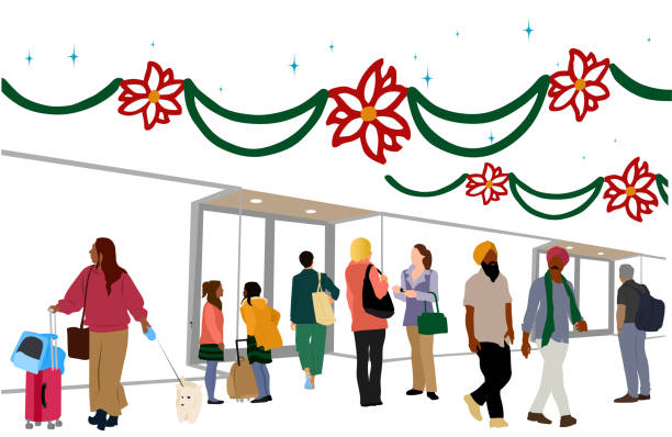 Christmas Mall With Poinsettia Garlands Pet Mom Crowd Large crowd of people at the mall, shopping for Christmas presents for the winter holidays diverse family christmas stock illustrations