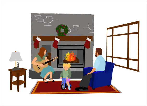 Vector illustration of Cozy Fireplace And Comfy Chair Playing Guitar Family