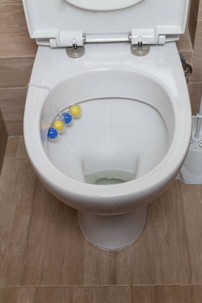 トイレの上面図。クリーニングボールでトイレを開きます。芳香剤とトイレ用洗剤。 - toilet public restroom air freshener cleaning ストックフォトと画像