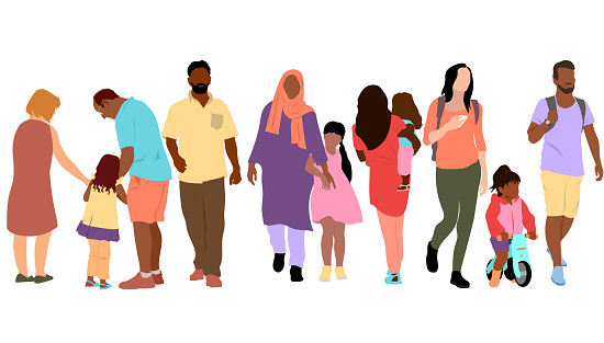 Large group with various family members walking away and holding hands.  Colourful flat design modern images
