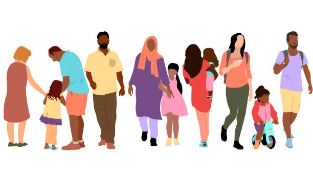 First Day Back To School With Family Members Large group with various family members walking away and holding hands. Colourful flat design modern images children holding hands icon stock illustrations