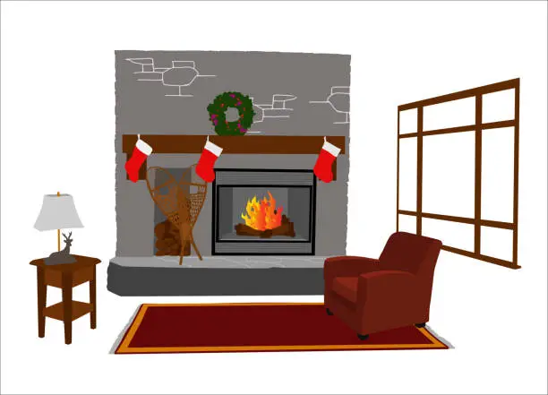 Vector illustration of Cozy Fireplace And Comfy Chair
