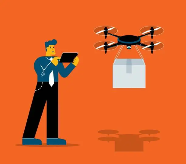 Vector illustration of Businessman - Quadcopter Remote Freight Shipping