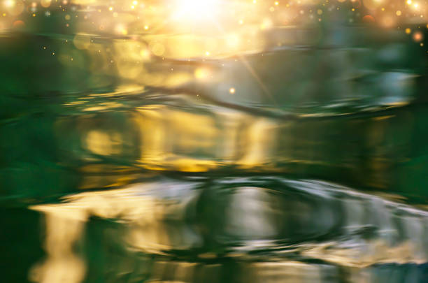 Beautiful abstract watercolor natural background of rippled water surface with distorted vegetation reflections. Copy space for graphic design.