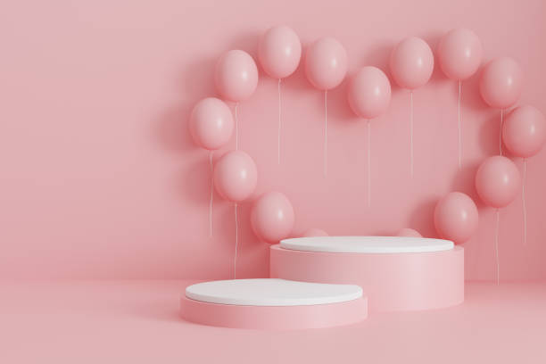 istock Valentine's day pink background with product display and heart shape balloons. 3d rendering. 1451673092