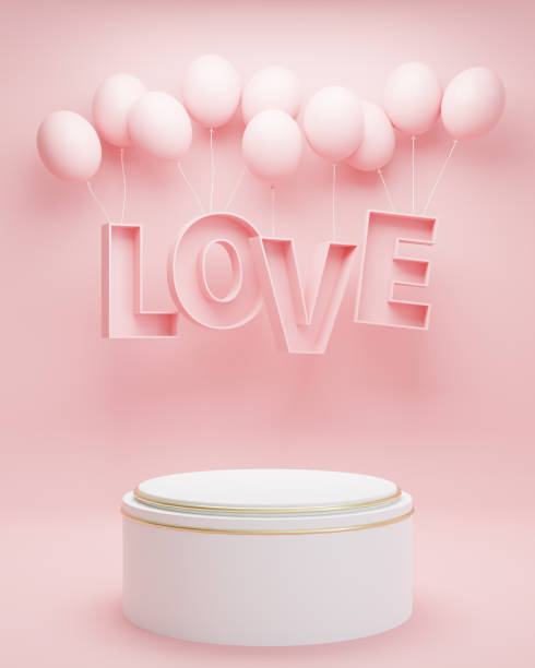 istock Valentine's day pink background with product display and lettering balloons. 3d randering. 1451673143