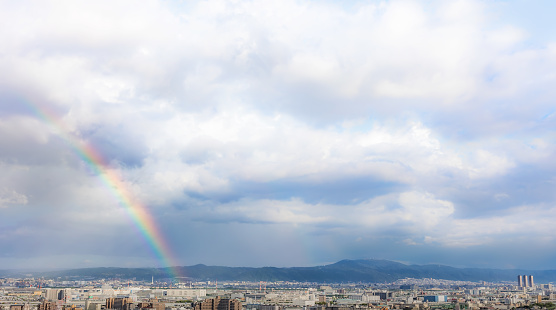 Rainbow over Mt. Ikoma and cities in Osaka, Japan