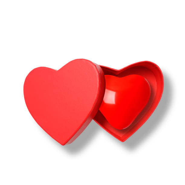 Shiny red heart symbol in a red heart shape box on white background.