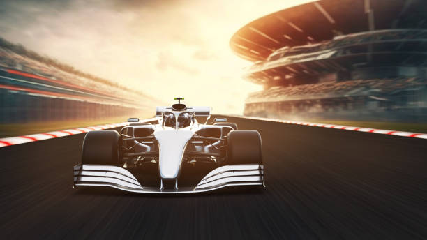 silver race car leading on a race track front view of fast moving generic silver open-wheel single-seater racing car  race car leading  on a race track, motion blur,  3D render, car of my own design. racecar stock pictures, royalty-free photos & images