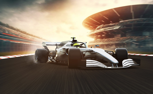 front view of fast moving generic silver open-wheel single-seater racing car  race car leading  on a race track, motion blur,  3D render, car of my own design.